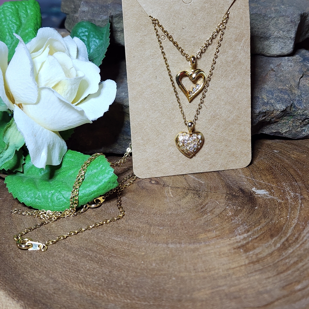 2 Gold Toned Heart Pendant Necklaces (See Photos)